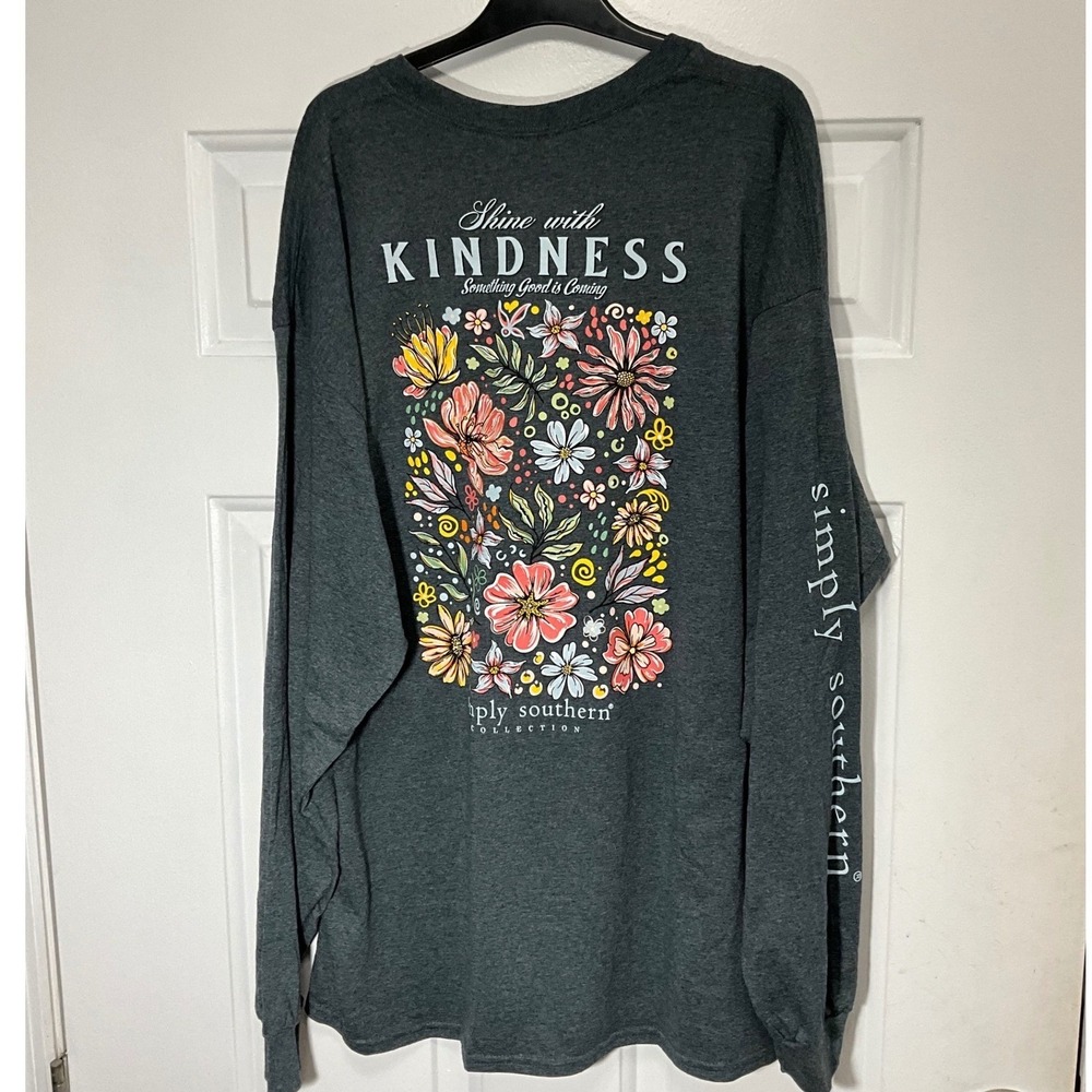 Simply Southern Mens XXL Shine With Kindness Floral Long Sleeve Tee Gray NWT